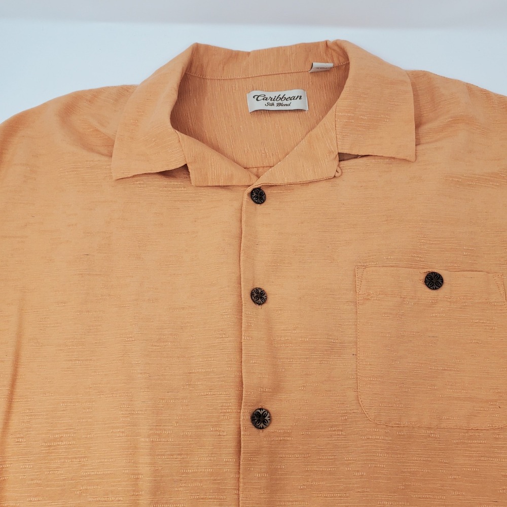 Caribbean Silk Shirt Mens XL Short Sleeve Button-Down Orange Textured Silk Blend